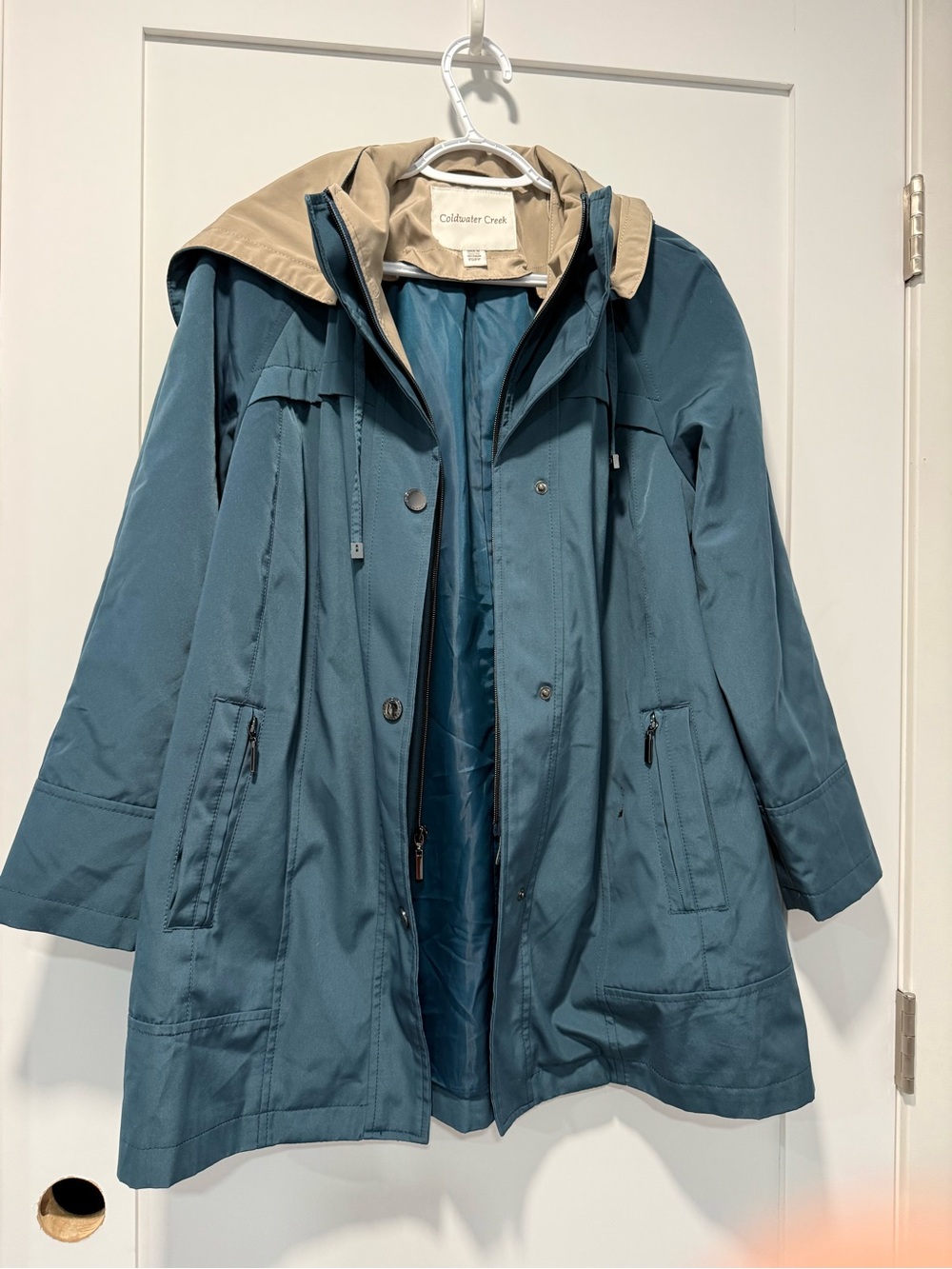 Coldwater Creek Teal Hooded Utility Jacket with Tan Hood Lining